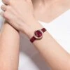 Swarovski Crystal Flower Watch Swiss Made, Leather Strap, Red, Rose Gold-tone Finish