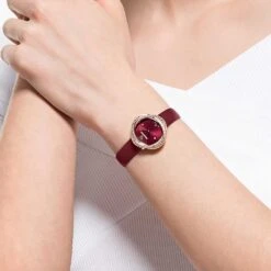 Swarovski Crystal Flower Watch Swiss Made, Leather Strap, Red, Rose Gold-tone Finish
