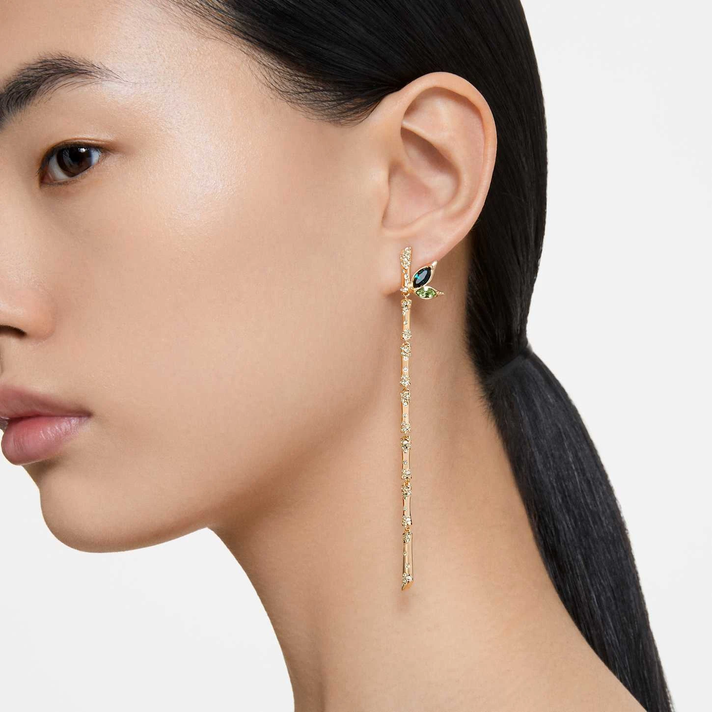 Swarovski Dellium Drop Earrings Asymmetrical Design, Bamboo, Green, Gold-tone Plated 1 Swarovski Dellium Drop Earrings Asymmetrical Design, Bamboo, Green, Gold-tone Plated