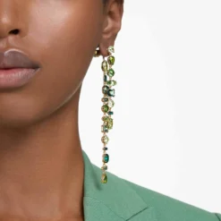 Swarovski Gema Drop Earrings Asymmetrical Design, Mixed Cuts, Extra Long, Green, Gold-tone Plated