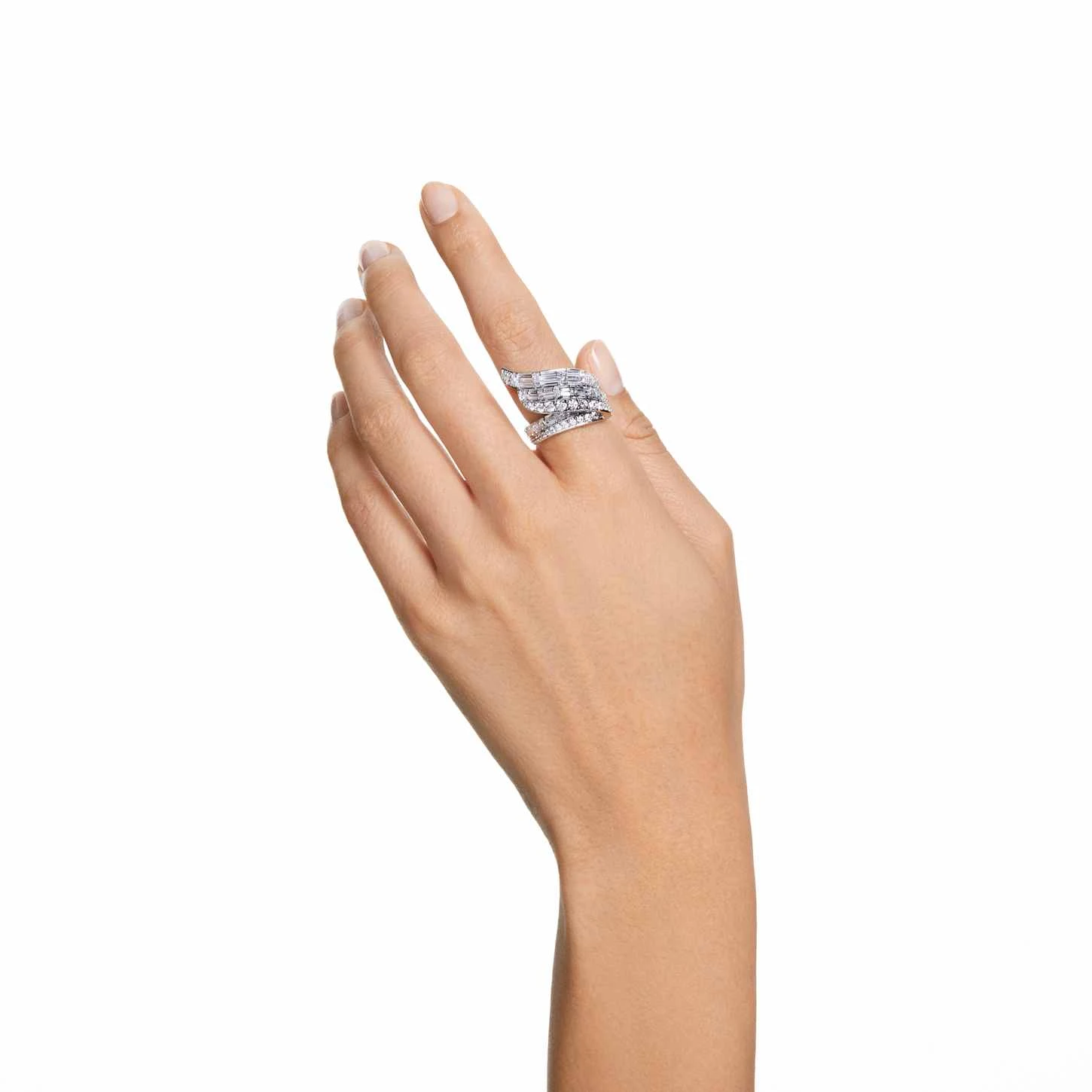 Swarovski Hyperbola Cocktail Ring Carbon Neutral Zirconia, Mixed Cuts, White, Rhodium Plated 1 Swarovski Hyperbola Cocktail Ring Carbon Neutral Zirconia, Mixed Cuts, White, Rhodium Plated