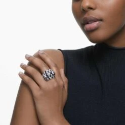 Swarovski Hyperbola Cocktail Ring Mixed Cuts, Black, Rhodium Plated