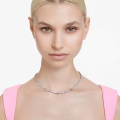 Swarovski Matrix Tennis Necklace Mixed Cuts, Pink, Rhodium Plated