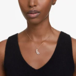 Swarovski Nice Pendant Feather, White, Rose Gold-tone Plated