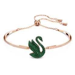 Swarovski Iconic Swan Bangle Swan, Green, Rose Gold-tone Plated
