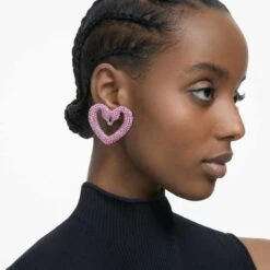 Swarovski Una Clip Earrings Heart, Large, Pink, Rhodium Plated